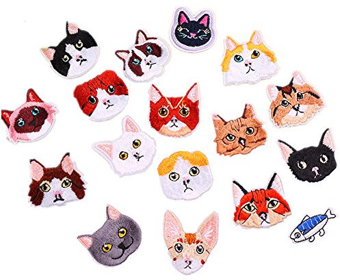 17pcs Assorted Cute Kitten Mini Cats and Delicious Fish Sew Iron on Patches Embroidered Patches Appliques for DIY Motif Clothing Accessory Decoration