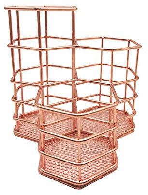 Motif creux brosse à maquillage pot, porte-gobelet pour le bureau, récipient en métal de stockage de papeterie de brosse de grillage d'or pour la salle de classe de bureau à la maison (Rose Gold)
