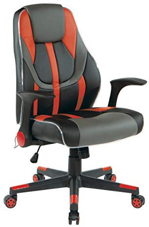 OSP Home Furnishings Output Mid-Back LED Lit Gaming Chair, Black Faux Leather with Red Trim and Accents