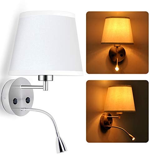 BarcelonaLed - Applique murale LED pour ampoule E27, avec spot de lecture orientable et flexible de 1 W, pour chambre, chevet, table de chevet, avec abat-jour en textile blanc et deux interrupteurs