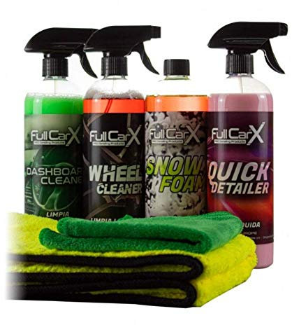 AutoFullCar – Pack Limpieza Coche Interior y Exterior FullCarX | 4 Productos de 750ml Cada Uno + Bayeta Microfibra + Toalla Secado | Cera, Champú, Limpiallantas, Salpicaderos