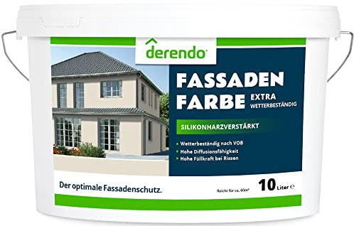 derendo Fassadenfarbe beige 10l mit EXTRA hohem Wetterschutz, matte silikonharzverstärkte Fassaden Farbe, hohe Deckkraft und gute Füllkraft bei kleinen Rissen (Graubeige)
