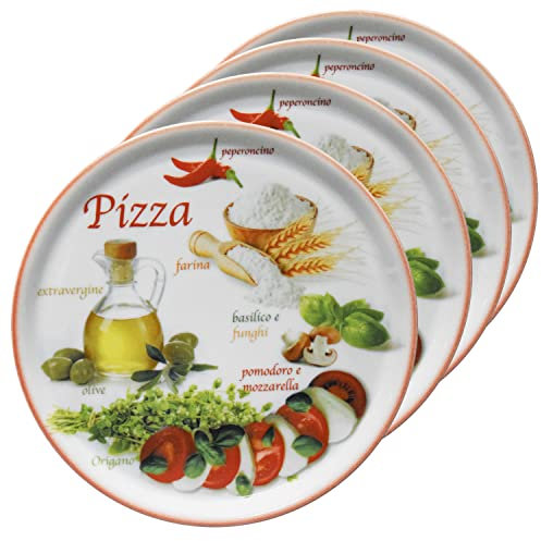 MamboCat 4er Set Pizzateller Napoli Red Ø 33,8 cm I Servier Platten mit Motiven I Vorspeisenplatten zum Anrichten für Antipasti oder Tomate-Mozzarella I bunte Porzellanteller für Pizza Pasta & Co