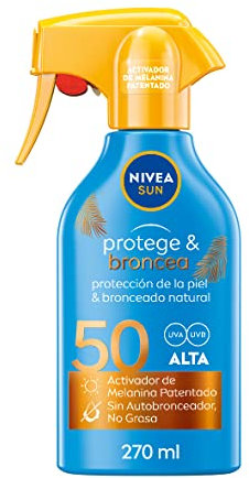 NIVEA SUN Protege & Broncea Spray Solar FP50 (1 x 270 ml), activador del bronceado, crema bronceadora, protección solar, protector solar hidratante resistente al agua, pistola