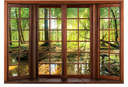 WallArena - Vlies Fototapete Fenster mit Aussicht Wald Sonne Bach Ausblick 416x254 cm - Fototapeten - Tapeten - für Wohnzimmer Schlafzimmer - Vliestapete Wandtapete Tapete 3D Effekt- inkl. Kleister
