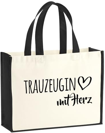Huuraa Jutetasche Trauzeugin mit Herz Geschenk | Großer Shopper 21 Liter Juteshopper Black Tasche aus Jute und Baumwolle Einkaufstasche Geschenkidee Tragetasche mit Motiv