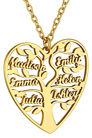 GOLDCHIC Collier Pendentif Arbre de Vie Coeur Prénom Personnalisé Femme Acier Inoxydable 1-8 Noms des Enfants Généalogique Argent/Plaque Or/Noir Cadeau Noël Anniversaire Fête Mères Chaine 50/40+5cm
