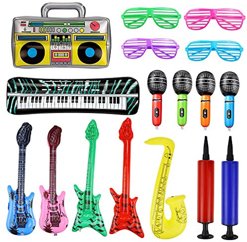 UYUYong 16 Stück Aufblasbare Instrumente Buntes Aufblasbare Gitarre Mikrofone Saxophon Aufblasbares Klavier Aufblasbarer Baß Aufblasbares Radio Gläser + Luftpumpe für Feiern Karneval