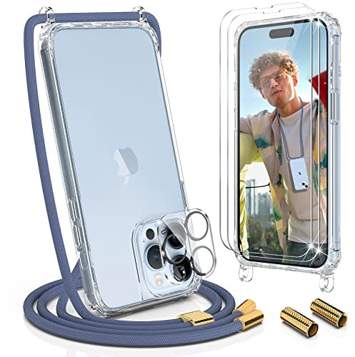 UYMO Crossbody Case for iPhone 14 Pro Max 6.7, Crossbody Cover with Neck Cord Strap,Transparent Clear PC TPU Lanyard Case with 2 Tempered Glass Screen Protector & 1 Camera Lens Protector,blue