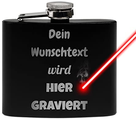 PR Print Royal Flachmann mit Gravur aus Edelstahl selbst gestalten - mit Wunschtext gravieren - Geschenkidee für Freunde - Praktische Taschengröße | Schwarz, 140 ml, Lasergravur