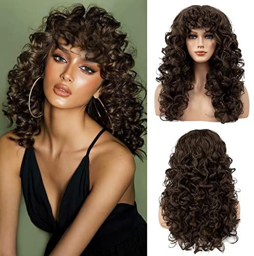 FLUFYMOOZ Curly Wig with Bangs for Black Women, 20 Inch Dark Brown Curly Gorgeous Shag Hair Wig, Curls with Wispy Bangs Heat Resistant Soft Synthetic Wig for Women Daily Cosplay (Dark brown)