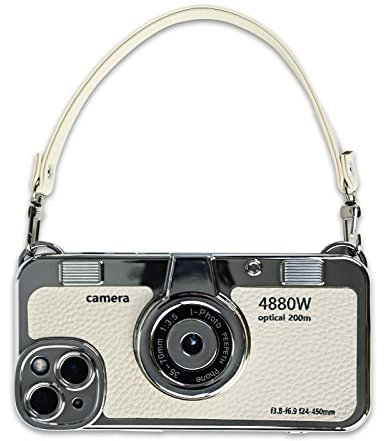Mscomft Classic Emily in Paris Phone Case, 2023 Vintage Camera Design, iPhone 14 Camera Case with Leather Bracelet Sling Cover (White, iPhone 13)