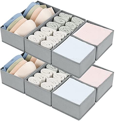 DIMJ Drawer Organisers 8 Pack Foldable Storage Box Fabric Wardrobe Storage Organiser Dresser Drawer Dividers Storage Cubes for Bras, Socks, Underwear, Ties, Scarves, Cosmetics (Grey)