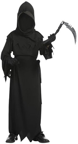 Cloudkids Costume da Mietitore Travestimento per bambini Halloween Carnefice Finta Morte Deco per Carnevale Costume da Demone 4 pezzi Nero XL