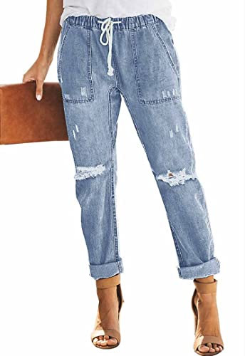 Alaster Queen Jeans Damen Baggy Lässig Jeanshose Stretch Jean Zerrissen Jeans Für Damen Himmelblau L