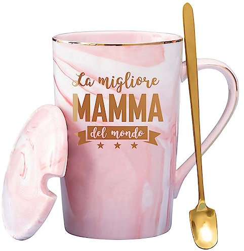 LOZACHE Tazza per Mamma 'La Migliore del Mondo' - Regalo per Compleanno, Natale, Festa della Mamma - 350ml Rosa Con Coperchio, Cucchiaio e Confezione Regalo