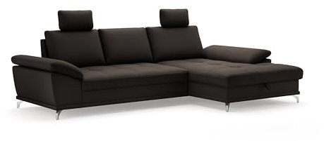 Cavadore Ecksofa Castiel mit Federkern / Eckcouch mit XL-Longchair, Bett, Bettkasten, Sitztiefenverstellung, Kopfstützen und mattschwarzen Metallfüßen / 301 x 89-114 x 176 / Echtleder, Dunkelbraun