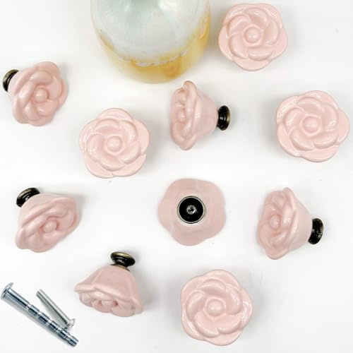 YOUYOUULU Porzellanknöpfe in Rosenform, 10 rosa Keramikknöpfe für Kommode, exquisite Knöpfe für Schublade, Möbel, Möbel, DIY-Möbel