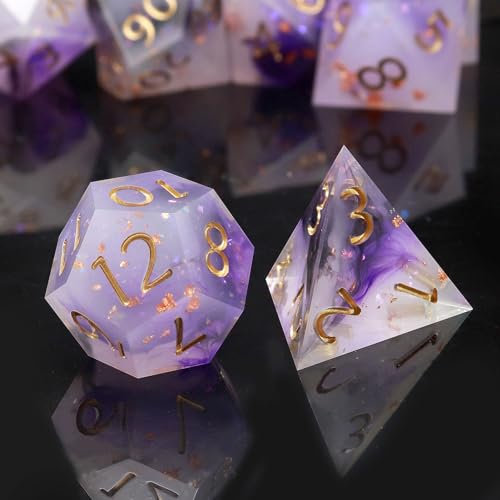 Haxtec DnD-Würfelset mit scharfen Kanten, Kunstharz, schwarz, lila, weiß, glitzernd, polyedrisch, D&D-Würfel für Dungeons and Dragons
