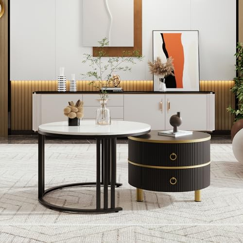 BTM Table Basse Gigognes Rondes, Table Basse Blanche et Noire en Marbre avec 2 Tiroirs, avec Pieds Dorés, Cadre en Métal, pour Salon, 50 * 50 * 40 + 70 * 70 * 46cm, Blanc et Noir