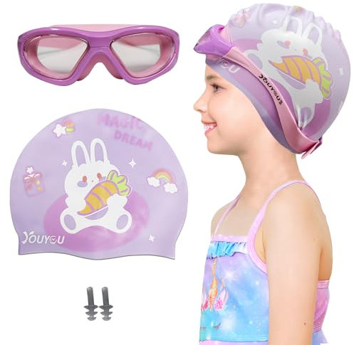 Crazy Bean Cuffia da Piscina Silicone per Ragazzi Ragazze Elastica Catoon con Occhiali Piscina Antiappannante Cuffie Nuoto Catoon viola