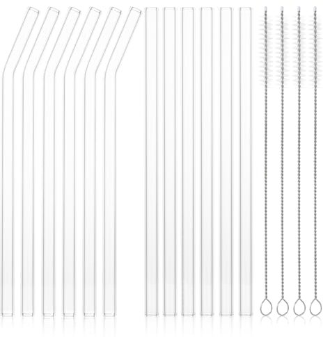FHISKUNYU Paille en verre réutilisable - 16 pièces, 6 droites et 6 courbées de 21,5 cm avec 4 brosses de nettoyage - Idéale pour cocktails, smoothies, thés glacés