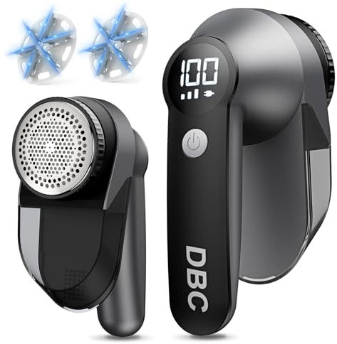 DBC Fabric Shaver with 15000r/Min Powerful Motor, LED Display, 3-Speeds, 6-Leaf Blades, Large Shaving Head Lint Remover for Clothes, Lint Ball, Furniture, Fuzz - Black & Silver