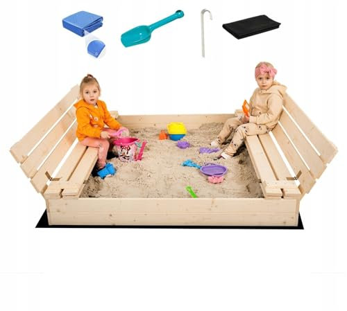 XXL Großer Sandkasten mit Sitzbänke Sandkiste Sandbox Holz Deckel 150cm Prämie
