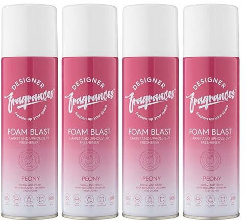 Designer Fragrances 4 Pack Peony Carpet & Upholstery Freshener Foam Blasts - For Carpets, Sofas, Cushions, Car Seats – Lasting Smell, Spray on Foam – Deodorise & Neutralise Odours – 300ml