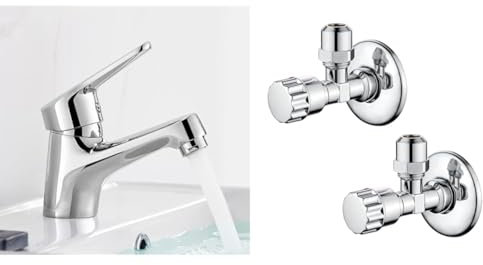 Ibergrif M11050 Waschtischmischer, niedriger Auslauf & Eckventil 1/2 zoll Wandanschluss, 3/8 zoll Schlauchanschluss, Selbstdichtend, Chrom, 2-teilig/Box Silber