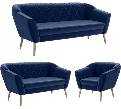 MEBLINI Mini Sofa Set 3-2-1 für Wohnzimmer - Mini Lounge für sechs Personen - Küchensofa - Sofa Klein - Sitzgarnitur - Polstergarnitur - Sofagarnituren - Gisela - 3+2+1 - Blau Samt