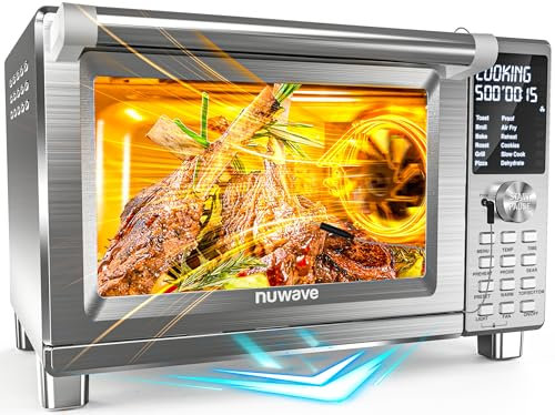 Nuwave Bravo XL Pro Air Freyer Horno tostador con parrilla combinada, nuevo sistema de convección ultrarrápido 2024, 35% más crujiente, 2 veces más uniformes, 142 preestablecidos, 50-500F, sonda más