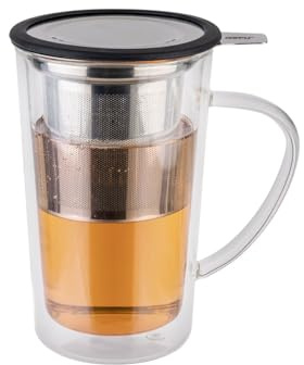 GEFU Teeglas MIRA mit Edelstahlfilter 235 ml | Doppelwandiges Borosilikatglas, hitzebeständig, Aromadeckel & Untersetzer | Spülmaschinengeeignet