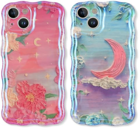 Buoluoioir 2 Pezzi Cover per Apple iPhone 15 6,1,Stella Luna Fiore Lindo Patrón Custodia Motivo Aesthetic Disegno Morbida Silicone Cellulare Protection Case per Donne,4