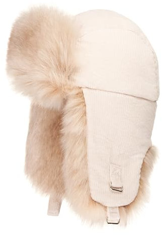 Futrzane Trappermütze aus Cord - Ushanka Damen - Winter Mütze mit Ohrenklappen (M, Ecru - Gold Siberian)