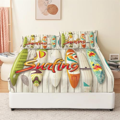 Surfbrett Text Spannbettlaken 160x200 cm, Spannbetttuch Microfaser Bettwäsche Dekor Set, Farbe Weiches Atmungsaktives Spannbetttuch für bis 25-30 cm Matraze