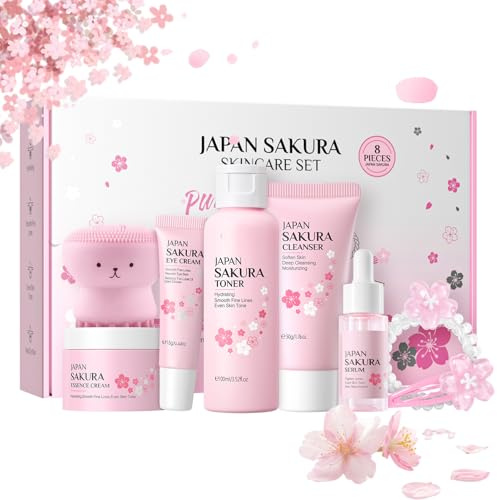 Japan Sakura Skincare Set, Hautpflege Set für Teenager-Mädchen und Frauen, Anti-Aging Beauty Geschenkset, 8-tlg Täglichen Gesichtspflege Set - Reinigung Toner Creme Serum Augenserum Bürste Clips