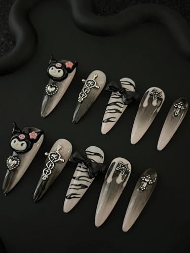 Fait à la main Faux Ongles Long MouyouGlow,Stiletto Noir Kawai Striped 3D Kuro Mi Bow Cartoon Étoiles Chrome Y2K Coquette Resuable Press on Nails,Handmade Fake Nails,10Pcs