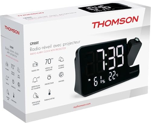 THOMSON Radio-Réveil avec Projection CP100T, Indicateur Temperature et humidité 20stations FM mémorisables, Sauvegarde de l'heure sur Batterie