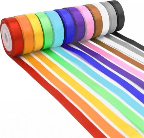 Jonami Satinband 12 Farben 22mX10mm, Schleifenband Geschenkband Bänder zum Basteln, Polyester Seidenband Dekoband Stoffband Set für Hochzeit Dekoration, Geschenk Verpacken, Basteln