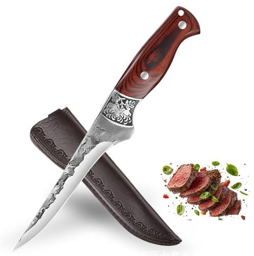 Fubinaty Chefs Knife 6 Inch Professional Boning Knife Handmade Forged High Carbon Steel Kitchen Knives Full Tang Cooking Knife with Wooden Handle and Sheath