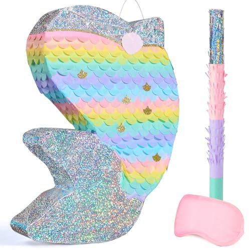 WERNNSAI Delfin Piñata – Meerjungfrauen Geburtstagsdeko für Mädchen Delfin Piñata für Kinder Unterwasser Party Zubehör für Mädchen inklusive Augenbinde und Fledermaus (31,8 x 41,9 x 7,6 cm)