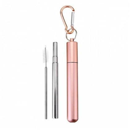 Reusable Collapsible Straw with Case & Brush Retractable Stainless Steel Metal Drinking Straws