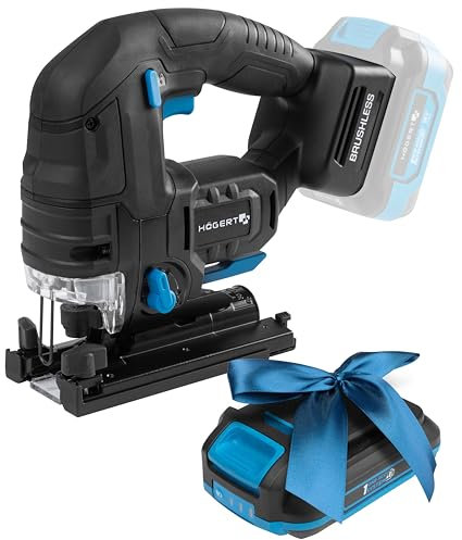 HÖGERT TECHNIK Akku-Pendelhubstichsäge 18V, bürstenloser Motor, kabellos, 0-2600 U/min, 26mm Klingenhub, 4-stufige Blattschwingung, werkzeugloser Klingenwechsel, LED, Aluminium-Sockel + PROMO 2,0 Ah
