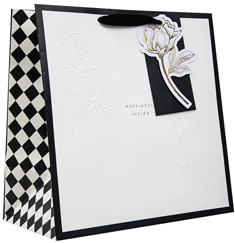 Hallmark Hall & Co Luxury Large Gift Bag, Black & White Design, Embossed Floral Details, Birthday, Wedding, Anniversary, Black, White