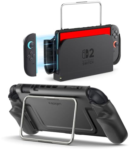 Spigen Dual Grip Pro Dockkompatible Hülle mit integriertem Freistopp-Scharnier-Ständer Kompatibel mit Nintendo Switch 2 2025 Case Zubehör - Schwarz