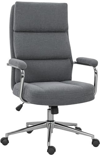 HOMCOM Executive Office Chair, Linen Fabric Computer Desk Chair with Double-Layer Back Cushion, Rocking Function, Height Adjustable for Home, Charcoal Grey