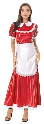 winying Damen Kostüm Dienstmädchen Kleid Lack Leder Lang Französisches Magd Uniform Kurzarm Cosplay Dessous Outfit Rot XXL
