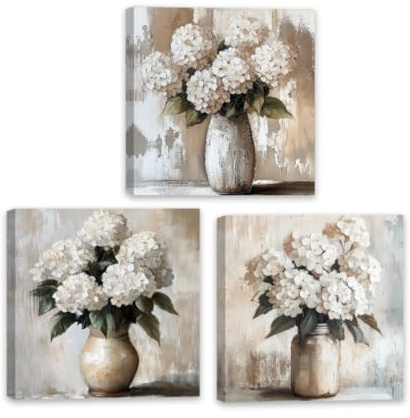 ZQQART Hydrangea Bathroom Wall Art Set 3 White Hydrangea Pictures Wall Decor Farmhouse Flower Canvas Prints Botanical Paintings Framed(Brown,12.00x12.00x3Pcs)