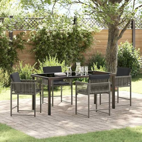 Owoxanthellate 5-teiliges Garten-Essgruppe aus grauem wetterfesten Poly-Rattan 160x80 cm mit Glasplatte, Stahlrahmen, Modernes Design Robust und Langlebig für Garten Terrasse Balkon